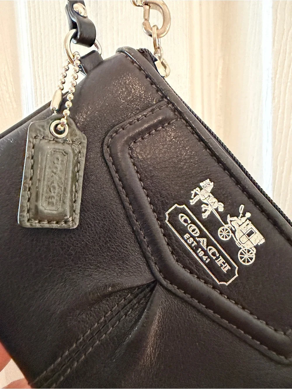 Coach Black Leather Wristlet with Signature Tag